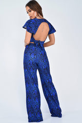 Blue Snake Print Tie Back Crop Top And Wide Leg Trouser Co-ord - Georgine-Co-ords