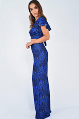 Blue Snake Print Tie Back Crop Top And Wide Leg Trouser Co-ord - Georgine-Co-ords