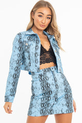 Blue Snake Print Trucker Jacket Mini Skirt Co-Ord - Kiera-Co-ords