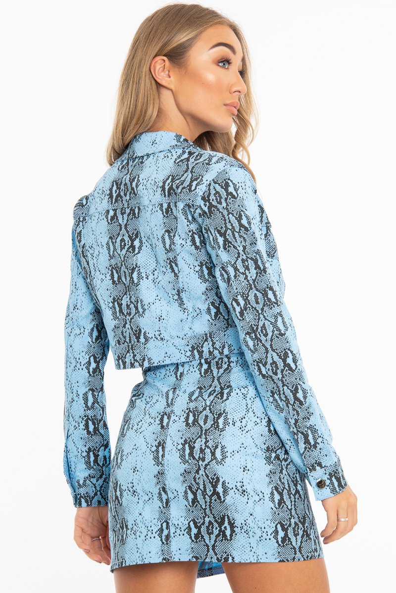 Blue Snake Print Trucker Jacket Mini Skirt Co-Ord - Kiera-Co-ords