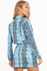 Blue Snake Print Trucker Jacket Mini Skirt Co-Ord - Kiera-Co-ords