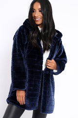 Blue Soft Faux Fur Hooded Coat - Kila-Jackets
