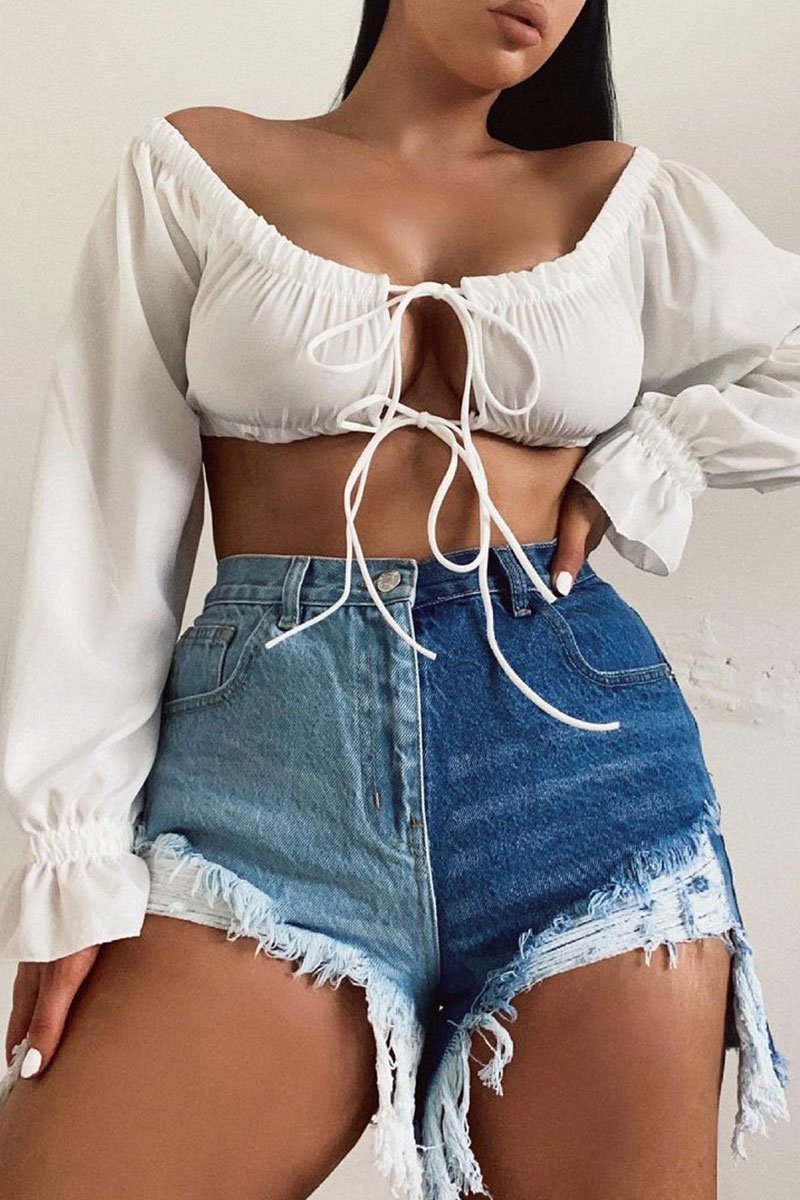 Blue Splice Denim Extreme Rip Front Shorts - Aarya-Shorts