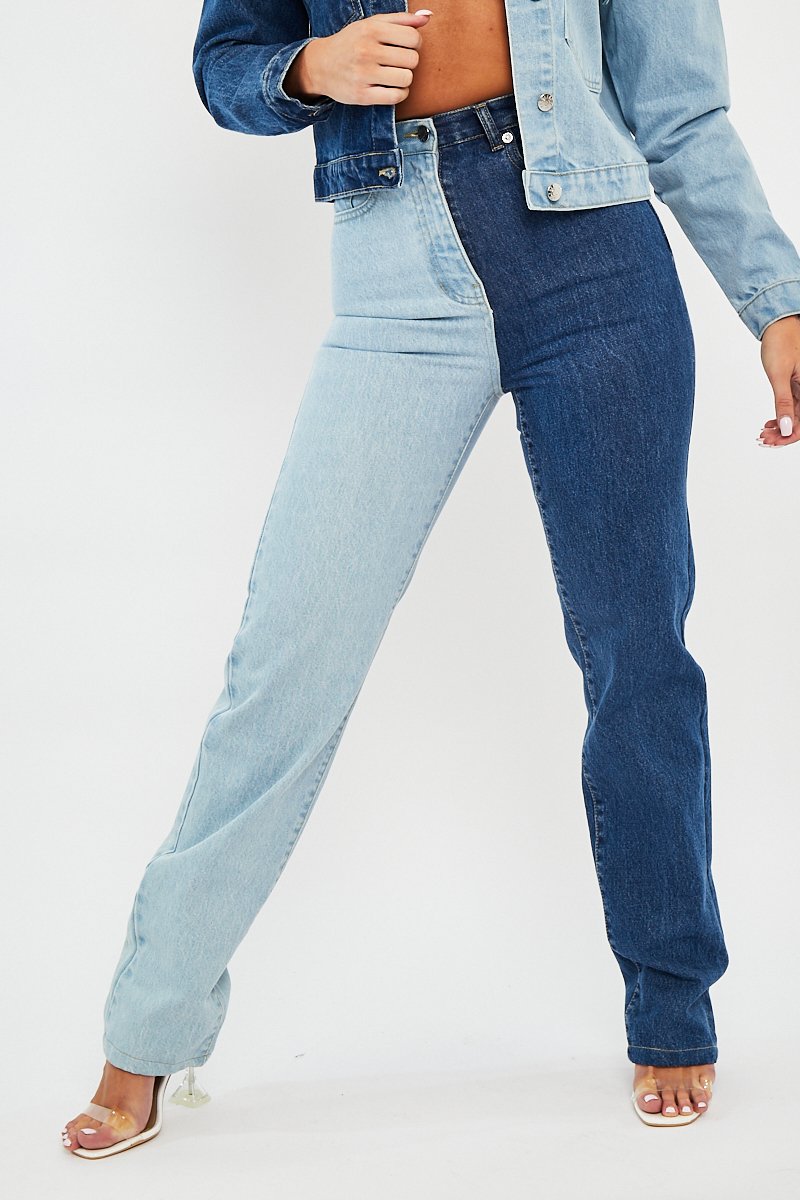 Blue Splice Two Tone Straight Jeans - Aaisha-Jeans