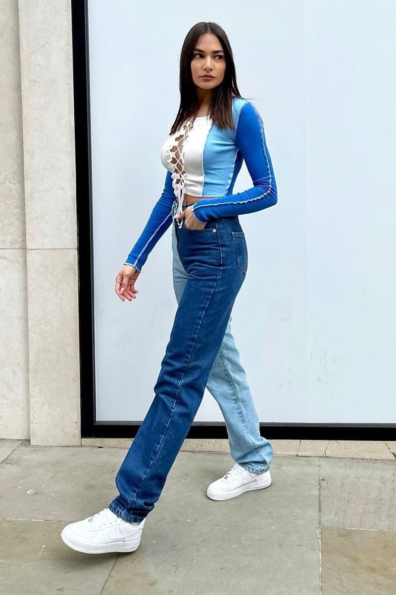 Blue Splice Two Tone Straight Jeans - Aaisha-Jeans