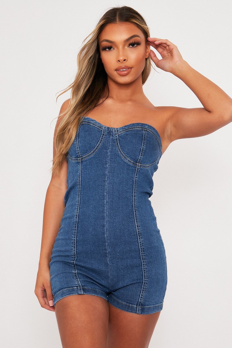Blue Strapless Cupped Denim Playsuit - Mandi-Playsuits