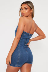 Blue Strapless Cupped Denim Playsuit - Mandi-Playsuits