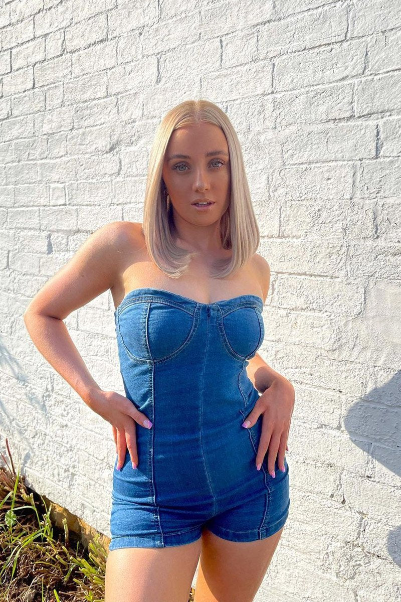 Blue Strapless Cupped Denim Playsuit - Mandi-Playsuits