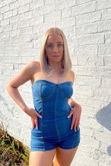 Blue Strapless Cupped Denim Playsuit - Mandi-Playsuits