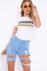 Blue Stretch Distressed Long Denim Shorts - Montanna-Shorts