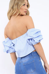 Blue Stripe Bardot Ruched Sleeve Crop Top - Corinne-Crop Tops