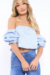 Blue Stripe Bardot Ruched Sleeve Crop Top - Corinne-Crop Tops