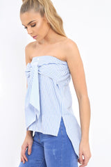 Blue Stripe Bardot Tie Around The Waist Top - Harriet-Tops