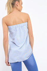 Blue Stripe Bardot Tie Around The Waist Top - Harriet-Tops