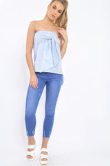 Blue Stripe Bardot Tie Around The Waist Top - Harriet-Tops