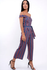 Blue Stripe Bardot V Dip Jumpsuit - Lisah-Jumpsuits