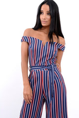 Blue Stripe Bardot V Dip Jumpsuit - Lisah-Jumpsuits