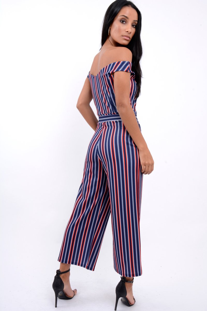 Blue Stripe Bardot V Dip Jumpsuit - Lisah-Jumpsuits