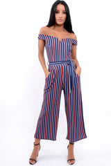 Blue Stripe Bardot V Dip Jumpsuit - Lisah-Jumpsuits