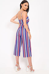 Blue Stripe Button Front Tie Waist Jumpsuit - Tavi-Jumpsuits