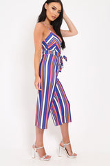 Blue Stripe Button Front Tie Waist Jumpsuit - Tavi-Jumpsuits