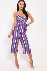 Blue Stripe Button Front Tie Waist Jumpsuit - Tavi-Jumpsuits