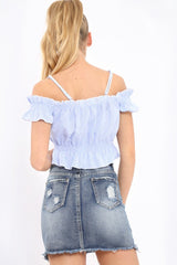 Blue Stripe Cold Shoulder Frill Crop Top - Nieve-Crop Tops