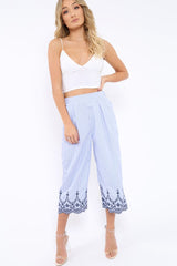 Blue Stripe Cropped Wide Leg Trousers - Eliana-Trousers