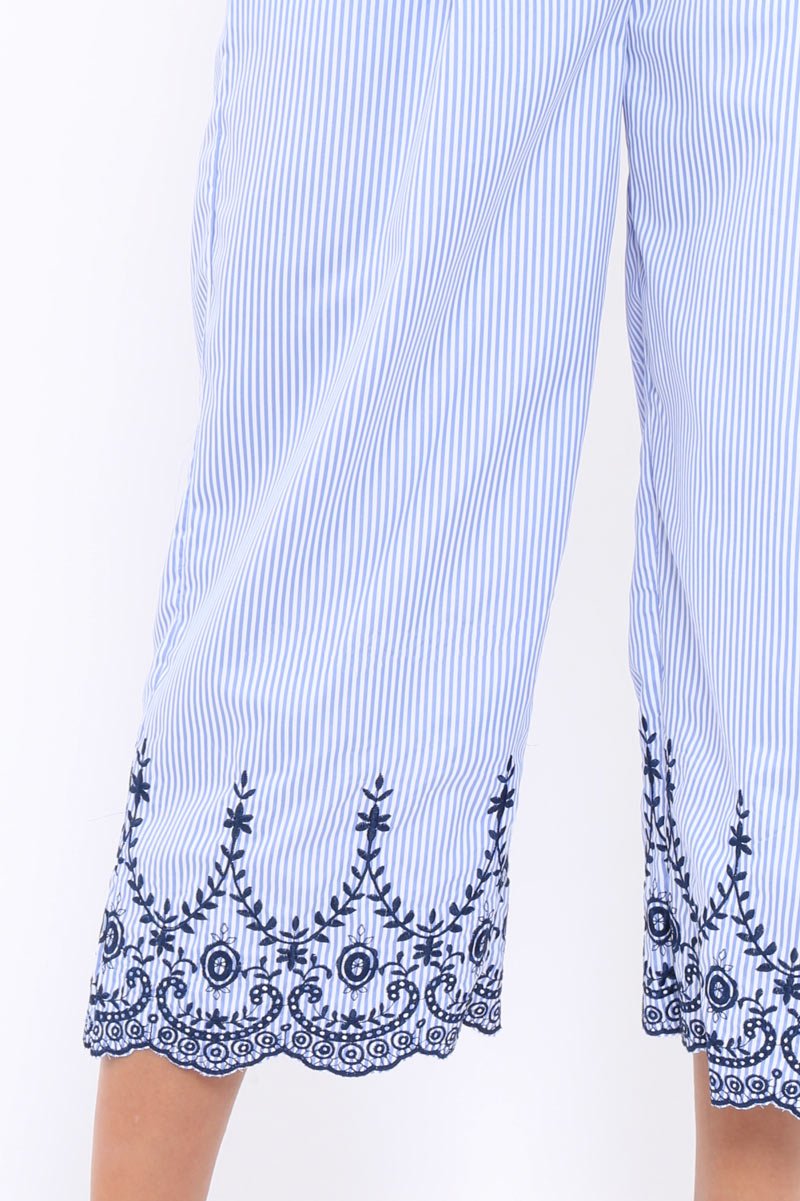 Blue Stripe Cropped Wide Leg Trousers - Eliana-Trousers