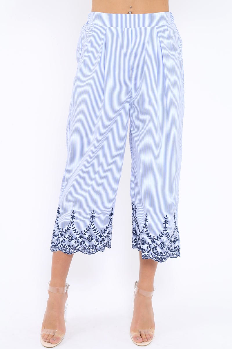 Blue Stripe Cropped Wide Leg Trousers - Eliana-Trousers