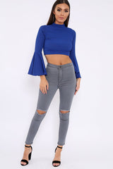 Blue Stripe Flare Sleeve Crop Top - Heela-Tops