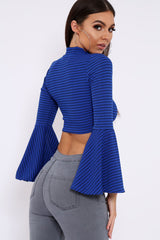 Blue Stripe Flare Sleeve Crop Top - Heela-Tops