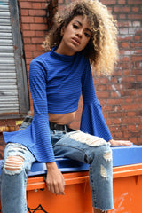 Blue Stripe Flare Sleeve Crop Top - Heela-Tops