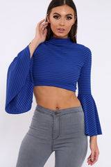 Blue Stripe Flare Sleeve Crop Top - Heela-Tops