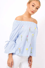 Blue Stripe Floral Embroidered Off Shoulder Top - CeCe-Tops