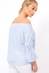 Blue Stripe Floral Embroidered Off Shoulder Top - CeCe-Tops