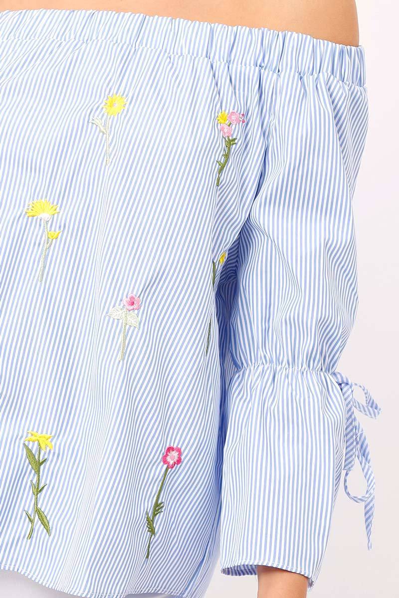Blue Stripe Floral Embroidered Off Shoulder Top - CeCe-Tops
