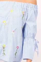 Blue Stripe Floral Embroidered Off Shoulder Top - CeCe-Tops