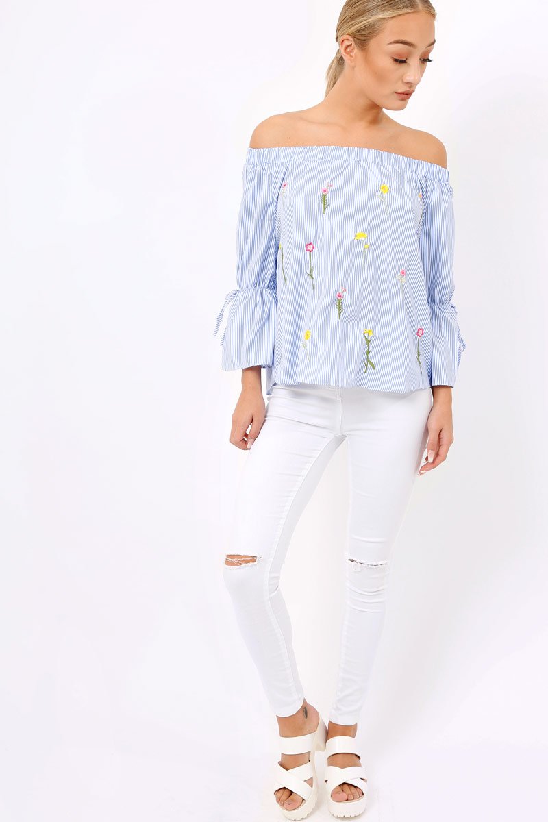 Blue Stripe Floral Embroidered Off Shoulder Top - CeCe-Tops