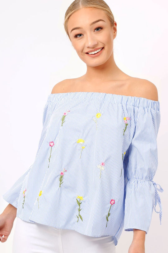Blue Stripe Floral Embroidered Off Shoulder Top - CeCe