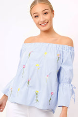 Blue Stripe Floral Embroidered Off Shoulder Top - CeCe-Tops