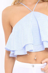 Blue Stripe Frill Halterneck Crop Top - Annabel-Crop Tops