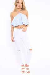 Blue Stripe Frill Halterneck Crop Top - Annabel-Crop Tops