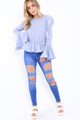 Blue Stripe Frill Hem Blouse - Alexis-Tops