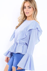 Blue Stripe Frill Hem Blouse - Alexis-Tops