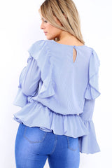 Blue Stripe Frill Hem Blouse - Alexis-Tops
