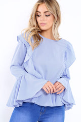 Blue Stripe Frill Hem Blouse - Alexis-Tops