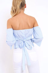 Blue Stripe Frill Off Shoulder Tie Crop Top - Halle-Crop Tops