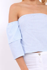 Blue Stripe Frill Off Shoulder Tie Crop Top - Halle-Crop Tops