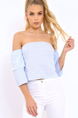 Blue Stripe Frill Off Shoulder Tie Crop Top - Halle-Crop Tops